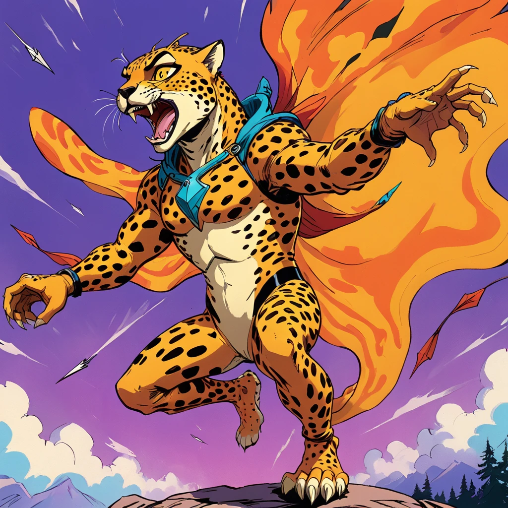 Cheetah wearing wingsuit (hunter, the cheetah from Spyro videogame) VHS, glitch, distorted, nostalgia, 90's retro vibes, analog tape, vcr aesthetics, tv, television, 1990's cartoon homage), comic 1990's, animated tv show screengrab, Cheetah dancing stanky boogie, soaring in the clouds, firing arrow from bow, cinematic poster, image within image, multiple exposure, massive scale, rich color grading for shading depth, hand drawn rotoscope cartoon realism, chiaroscuro lighting, mixed media, vintage comic, retro original design, 1990's comic, sense of movement energy, Hunter from the Spyro series is a tall anthropomorphic cheetah. He has a bright orange color with brown spots all over his coat. His underbelly and goatee are bright yellow, and his paws are a lighter orange. He has somewhat prominent brown eyebrows and bright blue eyes.