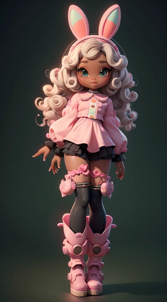(Same character, front, side, back), (full body);Create a series of cute black afro dolls chibi style afro skin baby style with a cyberpunk theme, each with lots of detail and in an 8K resolution. All dolls should follow the same solid background pattern and be complete in the image. Bunny details. Robot limbs. She should have wavy and curly hair. Their eyes must be large and apathetic, with long eyelashes and slightly pinkish cheeks. She must secure robot bunnies. Add details like pockets and ruffles to the outfit to make it even more charming, pretty and mechanical boots. Be sure to add shadows, textures and details to our hair, clothes, beautiful and mechanical accessories, to make them even more adorable and charming. Use the colors pink white green yellow and orange.