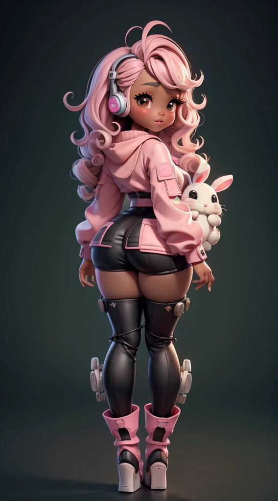 (Same character, front, side, back), (full body);Create a series of cute black afro dolls chibi style afro skin baby style with a cyberpunk theme, each with lots of detail and in an 8K resolution. All dolls should follow the same solid background pattern and be complete in the image. Bunny details. Robot limbs. She should have wavy and curly hair. Their eyes must be large and apathetic, with long eyelashes and slightly pinkish cheeks. She must secure robot bunnies. Add details like pockets and ruffles to the outfit to make it even more charming, pretty and mechanical boots. Be sure to add shadows, textures and details to our hair, clothes, beautiful and mechanical accessories, to make them even more adorable and charming. Use the colors pink white green yellow and orange.