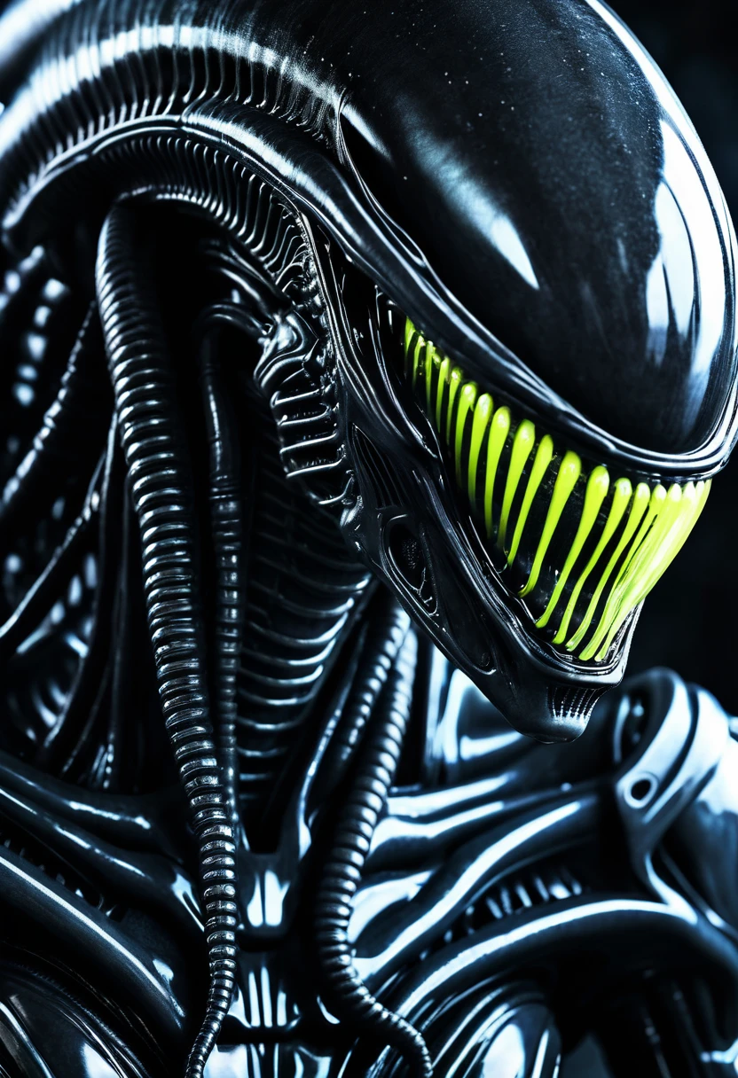 (((Extreme close-up Xenomorph Alien the eighth passenger))),(((black color))) surreal and cinematographic images Color Splash images))),(((Front Images))),(((dreadlocks)))