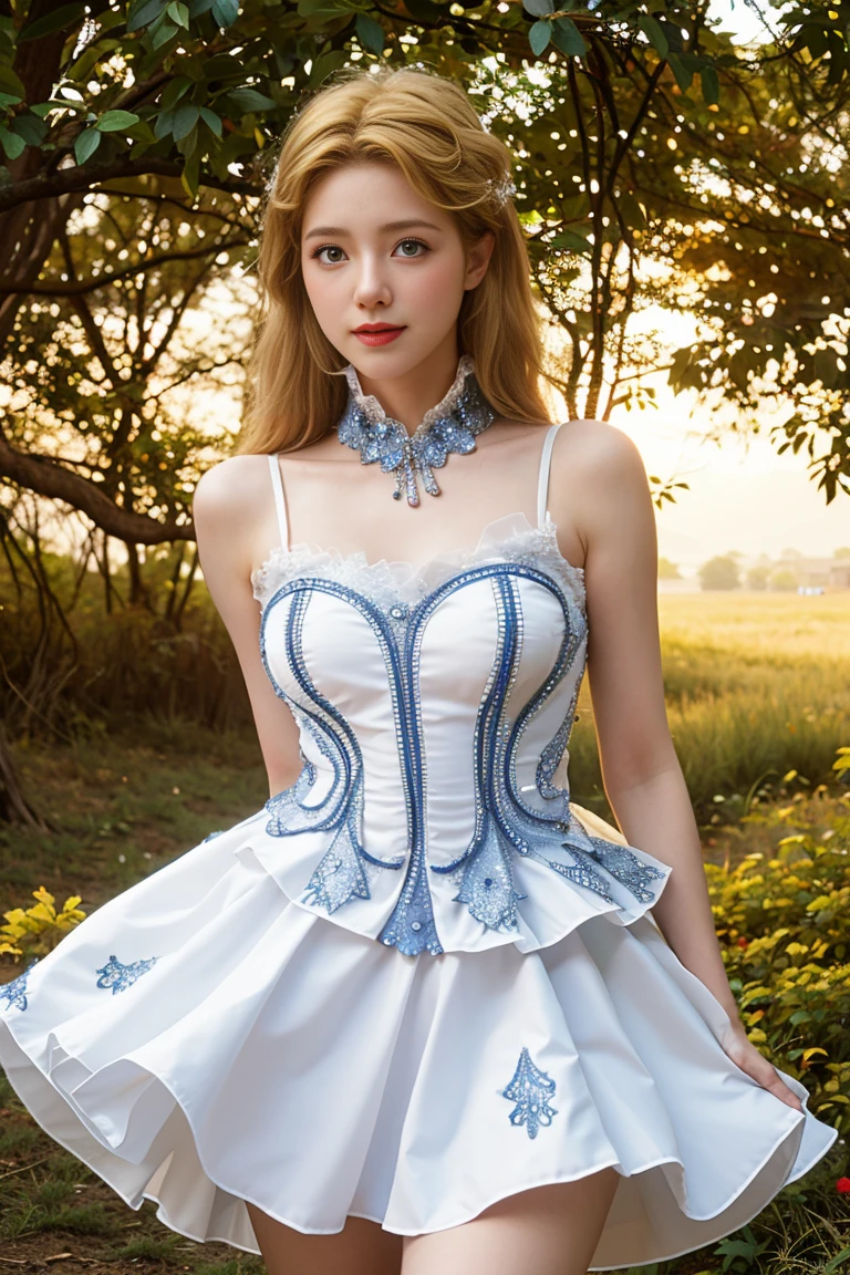 best quality, tmasterpiece,Ultra-high resolution,Clear face,(Reality:1.4),ferpect lighting,(upper body shot:1.5), (photorealistic:1.50), anime wallpaper, Guviz style artwork, cover-up fantasy up to magic , by Yang J, Guviz, beautiful artwork illustration, beautiful digital artwork, beautiful digital illustration, Li Song, beautiful anime portrait, art style in Beauvot,1girl,oddete ml, blue_eyes,(blonde hair:1.5), hair ornament,blush,dress,field,from_side,hair_decoration,lens_flare,looking_at the viewer,closed_mouth,outdoors,short_dress,long_hair,shoulder_skirt,hold_skirt,sleeveless,sleeveless_dress , 独奏, standing, rope_slit, evening dress, white_dress,