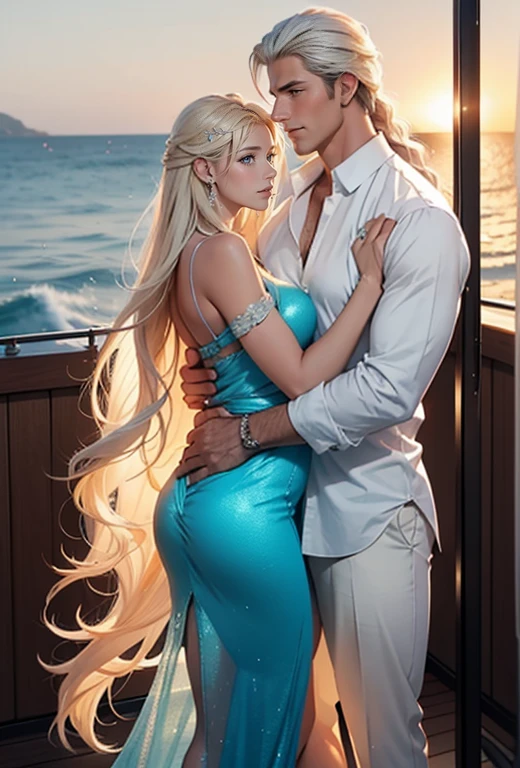 A warm summer evening, sunset, light breeze, a couple will dance hugging on the deck of a luxury yacht: 1 woman (an incredibly beautiful young fatal blonde with blue eyes and long golden hair reaching to the waist, she is wearing a beautiful shimmering silk dress with thin lace, romantic appearance) and 1 man (tall, handsome, a handsome, masculine, athletic young man-platinum blond, he has blue eyes, tanned skin, long straight platinum hair, he is dressed in a light shirt and trousers). The ocean breeze. Masterpiece, perfect image, realistic photos, full-length image, 8K, detailed image, extremely detailed illustration, a real masterpiece of the highest quality, with careful drawing. glow. In full growth. they are in love with each other.