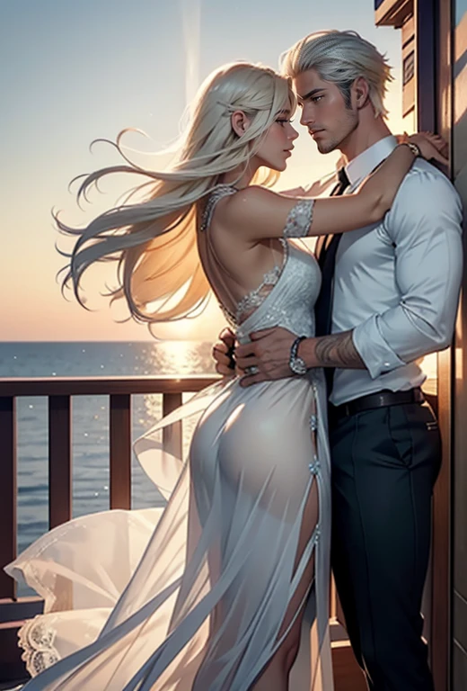 A warm summer evening, sunset, light breeze, a couple will dance hugging on the deck of a luxury yacht: 1 woman (an incredibly beautiful young fatal blonde with blue eyes and long golden hair reaching to the waist, she is wearing a beautiful shimmering silk dress with thin lace, romantic appearance) and 1 man (tall, handsome, a handsome, masculine, athletic young man-platinum blond, he has blue eyes, tanned skin, long straight platinum hair, he is dressed in a light shirt and trousers). The ocean breeze. Masterpiece, perfect image, realistic photos, full-length image, 8K, detailed image, extremely detailed illustration, a real masterpiece of the highest quality, with careful drawing. glow. In full growth. they are in love with each other.