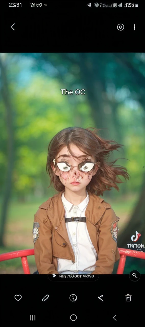 a girl is on a spinning wheel in the park. she looks visibly sad. She is tall and has an oval face, with curly black hair, she has slanted eyes and amber irises, She has an angry expression as if she is destroyed inside, as if you were oblivious to the fun around you.she is a teenager