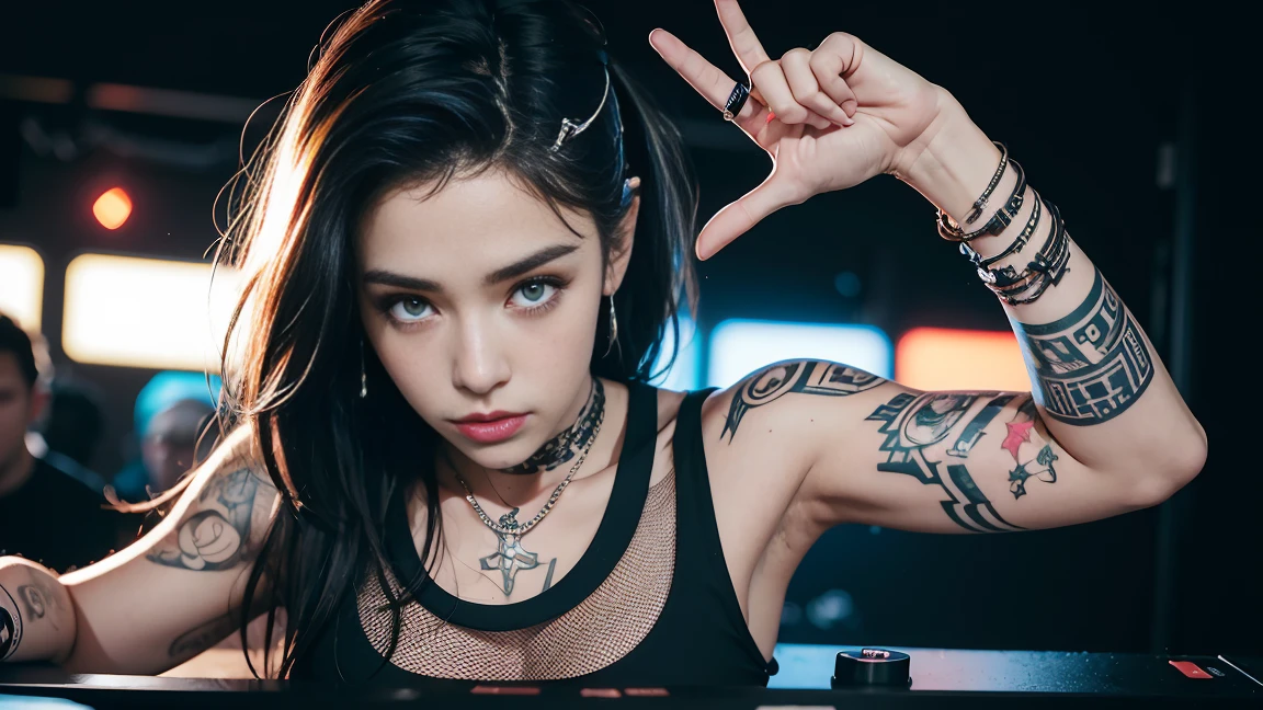 techno music, house music, dancing girls, DJ girl, headphone, realistic, high res, tank top, tattoos, piercing, brads, live music, class, Nightclub DJ, Dancing Inspired, Looking at Camera, Wide shooting, cinema lens, skin glowing,