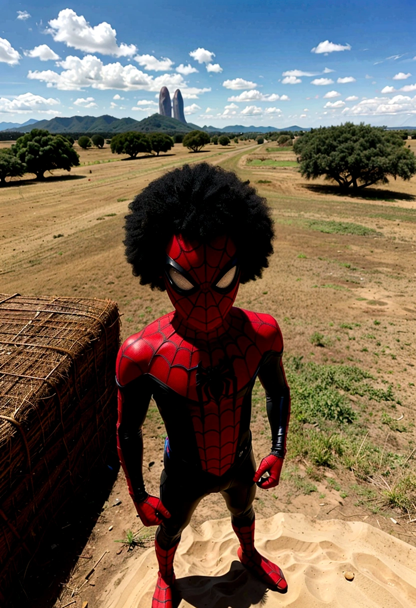 Miles Morales sitting down drinking a mate, standing alone, black boy, might, pretentious smile,, gazing at viewer, black afro hair, greeneyes, Miles Morales Spider-Man Costume , pampas scenery ??? Grande do Sul, blue sky, playing video game