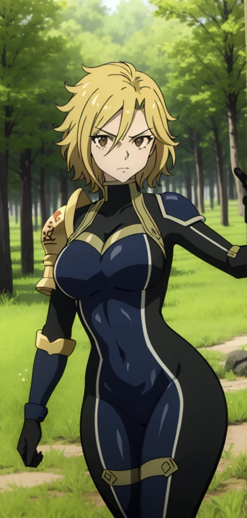 masterpiece, best quality, 1girl, solo dimaria yesta, blue bodysuit, long sleeves, armor, single gauntlet, gloves, dynamic pose, looking at viewer, forest, field,((cowboy_shot)), (dominatrix woman, dominant woman )