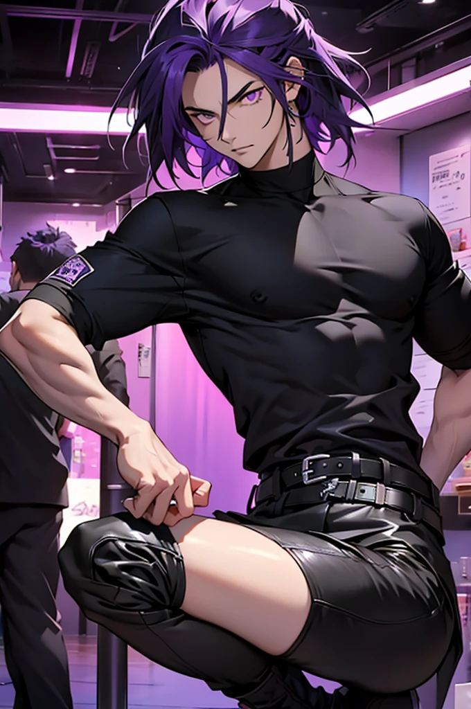 anime protagonist, de corpo inteiro, purple hair, cold stare, purple eye with neon purple glow, half slanted eye, cold expression, big male hair, black hair with purple tips, character wearing black t-shirt, leather-like pants, using 2 belts, one on each side of the legs, to secure the revolver, using black military fighter, and boots 