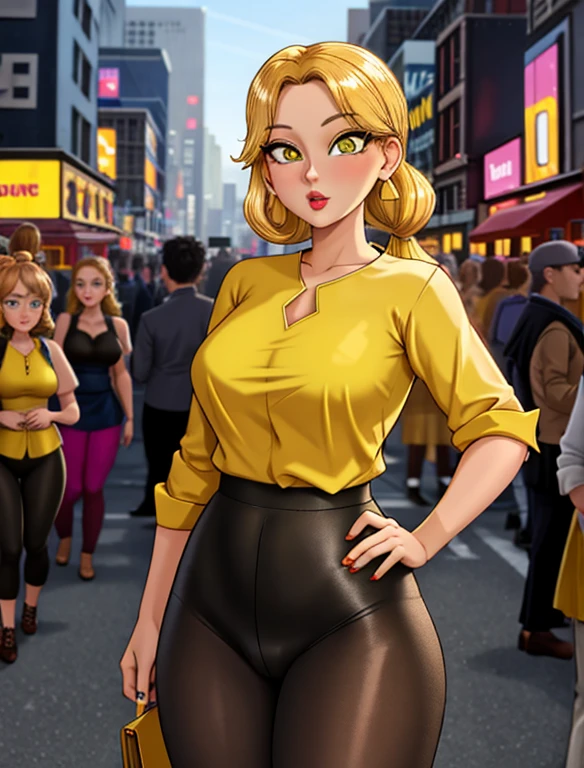 (best quality:1.3), (4K quality),masterpiece, best quality, high res, detailed, (Detailed face:1.2), (Detailed eyes:1.2), (Hourglass figure:1.2), 1girl, solo, 36-years-old, tan olive skin, short blonde hair, pony tail style, emerald eyes, eyeshadow, mascara, red lipstick, ((Wearing a yellow blouse, shiny black leggings)), standing outside on New York streets, crowds of people on the surroundings, busy atmosphere, cinematic lighting, detailed background,
