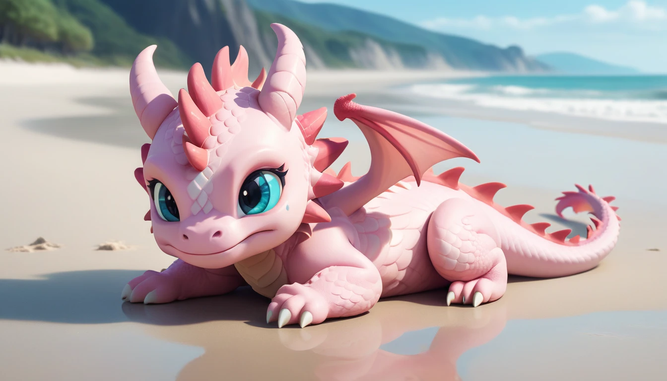 masterpiece,high quality,monster,solo,dragon ,(chibi:1.3),pink body,pink dragon,horns,wings,lying on the ground,injured,unhappy,looking forward,looking sideways,head focus,poor,seaside,beach,blue sky,landscape,(non-human:1.2),lying,frustrated_brow,annoyed,frustrated,on stomach,