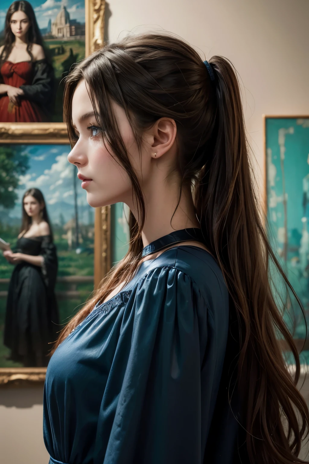 Digital painting of the full-length silhouette of a beautiful, beautiful and unique French model, perfect face, blue eyes and long cascading hair, profile view. The model wears a beautiful red dress that seems to fade as if it were liquid paint around her. The model admires an oil painting of the diversity of Mexican chili peppers in the Marmottan Monet Museum. Studio lighting, ultra-fine painting, sharp focus, professional, vivid colors, best quality, 8k, high resolution, masterpiece: 1.2