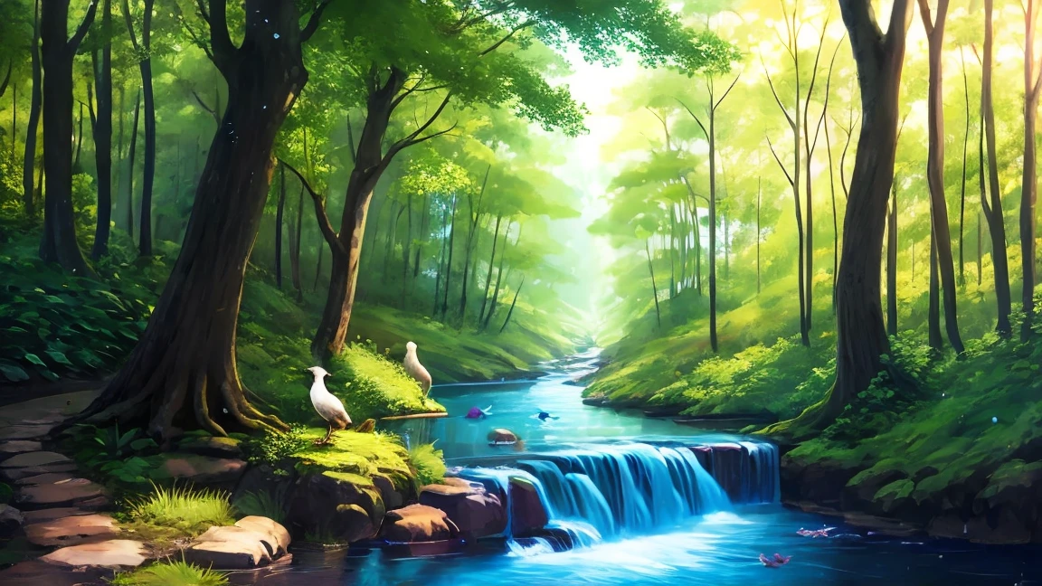 Meditation image combining babbling brooks and chirping birds in a deep forest