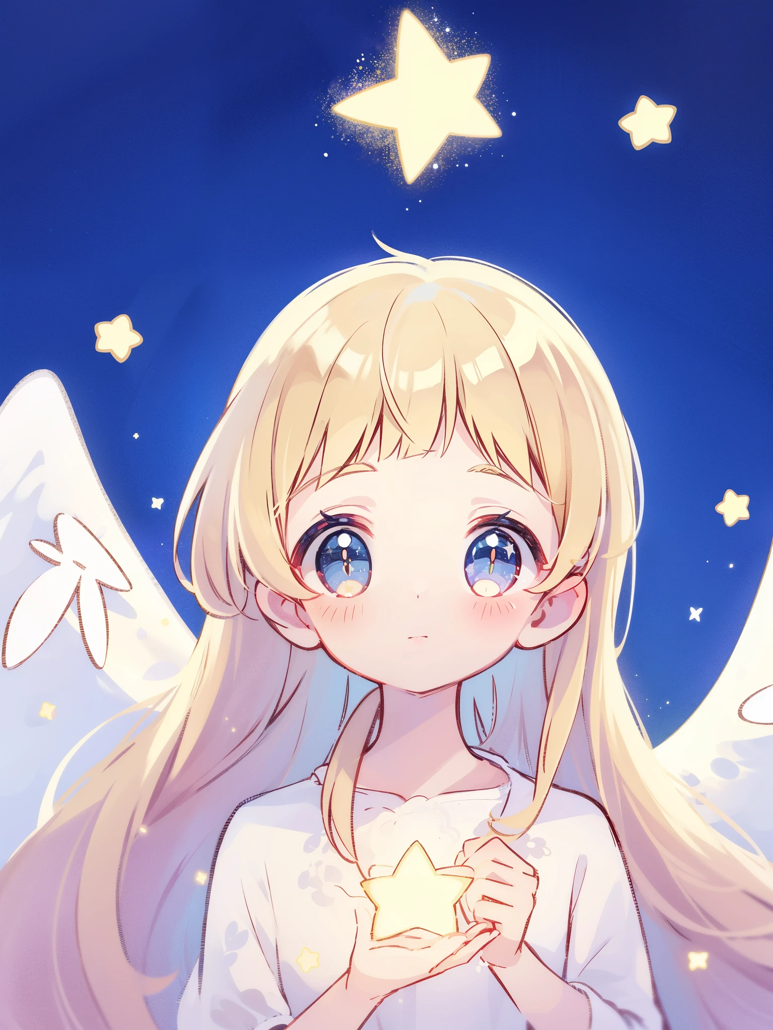 wishing star background, angel girl wearing an ethereal translucent dress, white feather angel wings, sparkling detailed eyes, golden ratio face, perfect composition, highly detailed, ethereal, starry night, midjourney style