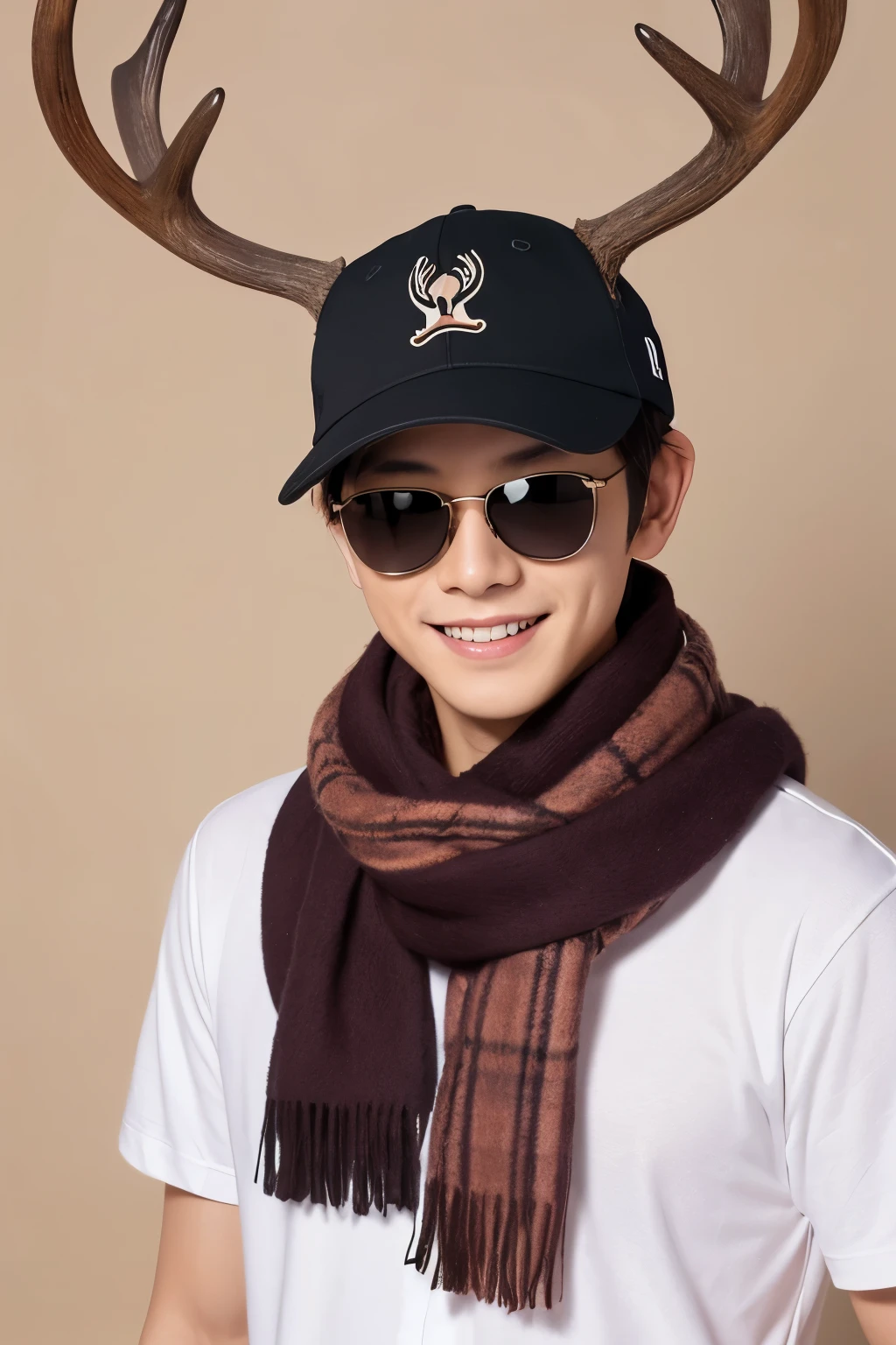 intellectual property,have,背Bag,open mouth,Close your eyes,1 boy,Bag,Heart,Solitary,Smile,scarf,Male focus,Baseball cap,shirt,Simple background,permanent,whole body,Fangs,sunglasses,deer,Keep,white shirt,White background,belt,Short sleeve,hairy,animal,blush,Happy,麋deer, animal形象