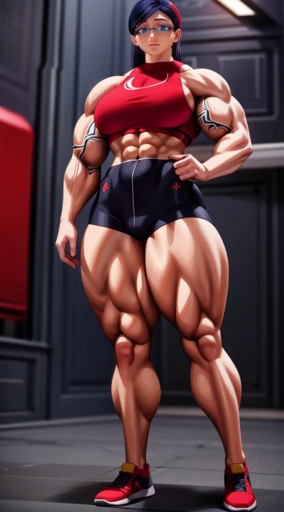 a very muscular female bodybuilder, extremely detailed, athletic body, red sports bra and panties, dynamic pose, artistic lighting, dramatic shadows, cinematic composition, photorealistic, high contrast, vivid colors, 8k, hyper detailed