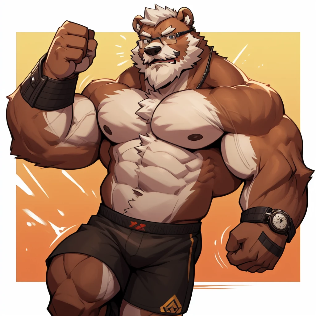 solo, 1boy, Huge Muscular Old Grizzly Bear wearing glasses , pectoral, huge pectoral, wide pectoral, short white hair, short pants, black wristbands, watch and shirtless and topless, bearded, Mustache, olympium background, masterpiece, high detailed, 8k, high resolution, running all over the tracks, training popping