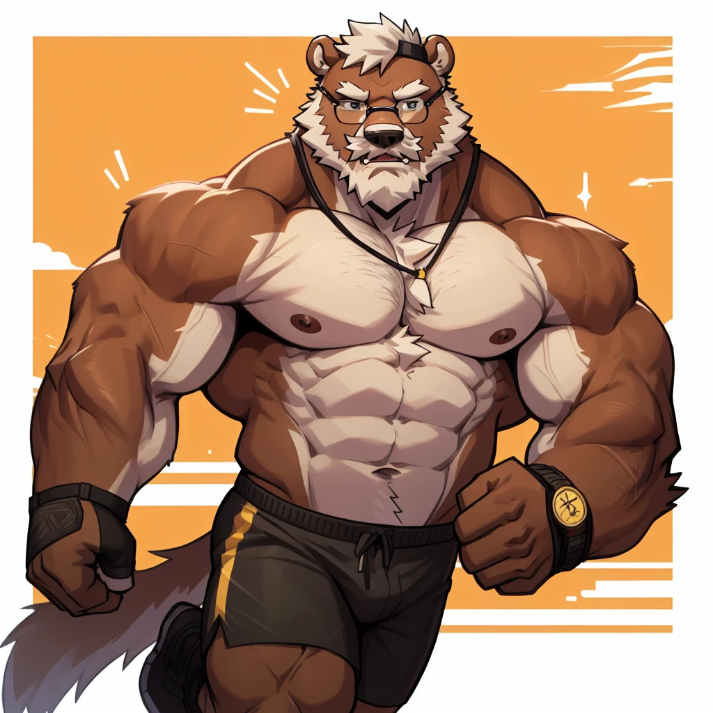 solo, 1boy, Huge Muscular Old Grizzly Bear wearing glasses , pectoral, huge pectoral, wide pectoral, short white hair, short pants, black wristbands, watch and shirtless and topless, bearded, Mustache, olympium background, masterpiece, high detailed, 8k, high resolution, running all over the tracks, training popping