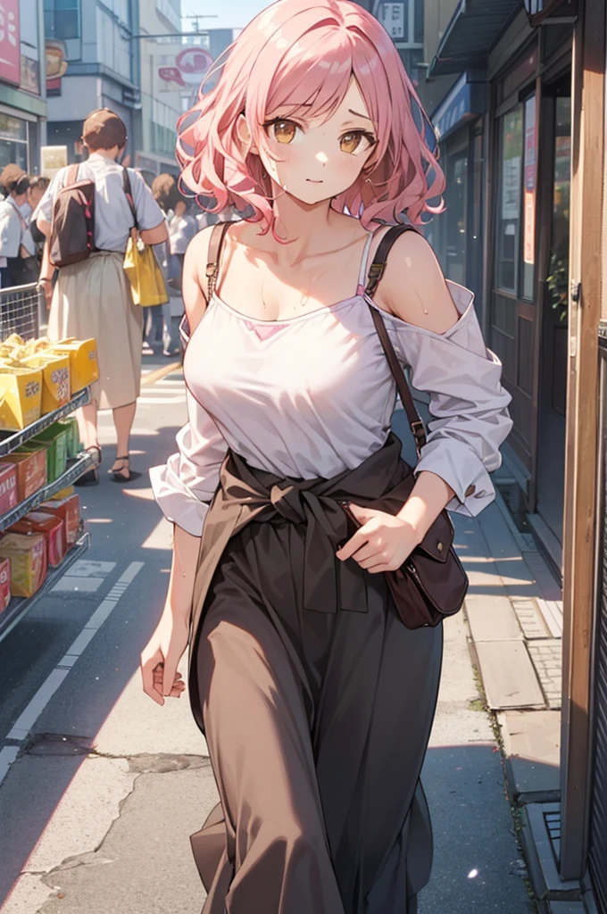 NSFW,best quality, ultra-detailed, walking , (1 woman:1.4), (solo:1.4), (Liz 32 years old with wavy pink medium hair and medium-large breasts and light brown eyes, :1.3), (makeup:0.8),medium wavy pink hair, looking looking at viewer, medium-large breasts, shoulder strap,shopping street, summer, (sweat.1.2), cicada, violet camisole and grey long skirt, walking, waist pouch, (white shirt tied around waist:1.1),at Japan, cicada, grey long skirt