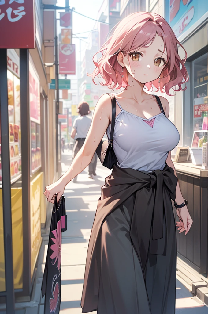 NSFW,best quality, ultra-detailed, walking , (1 woman:1.4), (solo:1.4), (Liz 32 years old with wavy pink medium hair and medium-large breasts and light brown eyes, :1.3), (makeup:0.8),medium wavy pink hair, looking looking at viewer, medium-large breasts, shoulder strap,shopping street, summer, (sweat.1.2), cicada, violet camisole and grey long skirt, walking, waist pouch, (white shirt tied around waist:1.1),at Japan, cicada, grey long skirt
