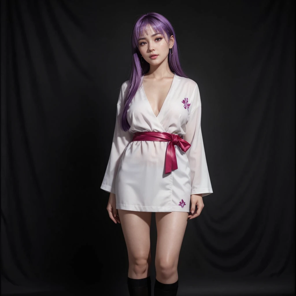 Ayane, purple hair, (best quality, ultra-detailed), (realistic:1.37), beautiful and detailed face, ultra-realistic texture, delicate face, delicate body, red lipstick, bright colors. high definition, 8K, well defined legs