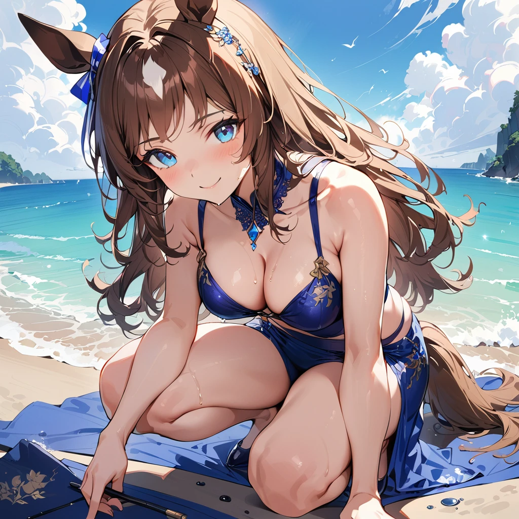 ((16k, highest quality, master piece: 1.2, super detailed, super high resolution, super detailed)), Chinese ink painting, 1 girl, Glass Wonder \(umamusume\), Chestnut Hair, one girl, animal ears, horse tail, Blue Eyes, exposed shoulders, fashionable, elegance, charming, seductive, gorgeous, stunning, charming cleavage, lovely, charming, cute, beautiful detailed face, beautiful detailed eyes, soft expression, slim Beautiful figure, curvaceous, moderate bust, slender arms, graceful hands, delicate fingers, slim wrists, elegant neck, bare shoulders, smooth skin, Seaside, sandy beach, squatting, Outdoors, blue sky,((Bikini Swimwear, drenched, Wet skin)), (smile:1.6)