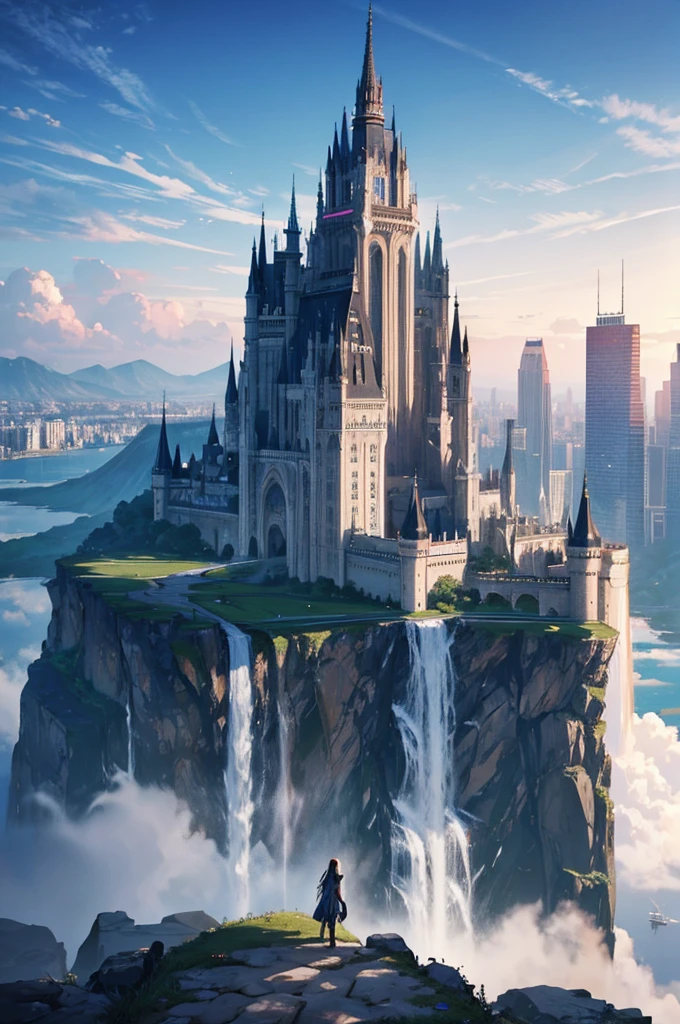 Huge castles and skyscrapers floating in the sky、cyber punk、Otherworldly fantasy、Highest quality、Ultra high definition、Utopia 8K、Huge waterfall、Nature