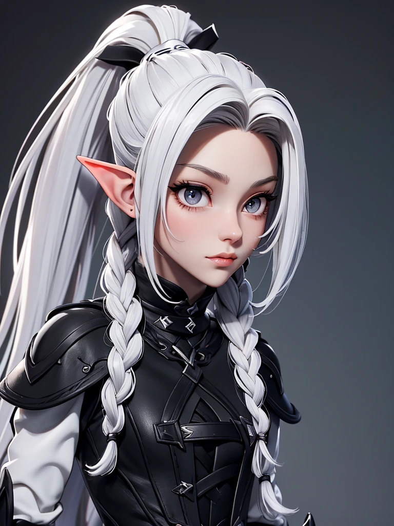 Millicent is a 21 year old young woman.., Tall and fit physique. He has light skin and gray eyes with small pupils... Long wavy white hair braided in a high ponytail with many small braids.. It has long and pointed ears. Described as an incredibly beautiful girl.. Prefers to wear black clothes., gray and white colors