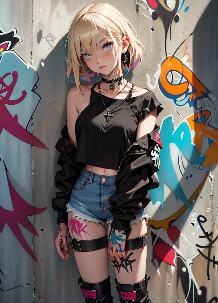 masutepiece, Best Quality, Realistic, One Woman、a blond、Solo, croptop , Denim shorts, a necklace、Black long boots、 (Graffiti:1.5), Paint splashes, behind arms, against a wall, gaze at the audience, Armbands, Thigh straps, paint on body, Head tilt, boredom, multicolored hair, aqua eyes,