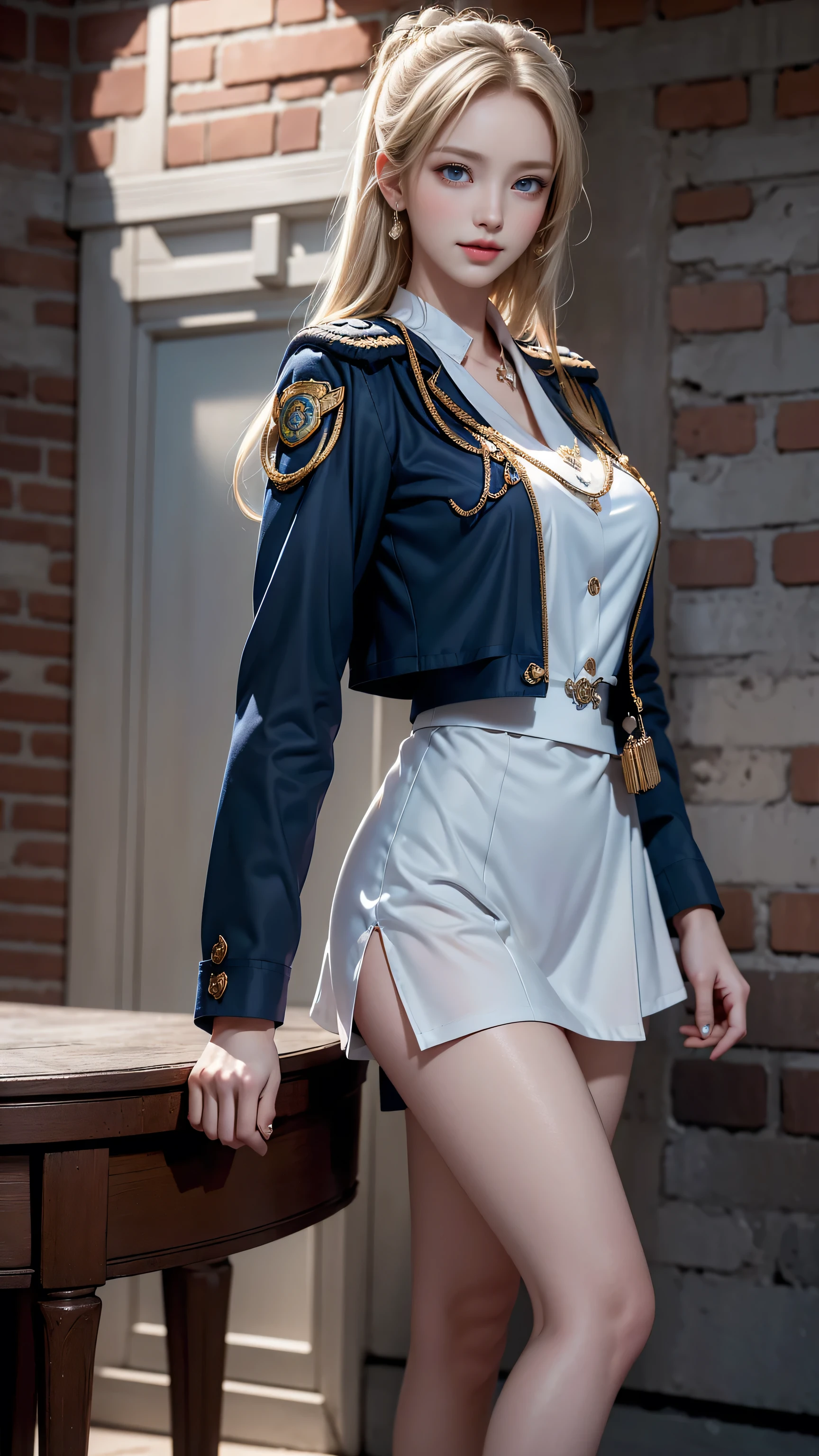 ((A policewoman standing in front of a brick wall)),Highest quality work,Live-action work,Ultra Premium Graphics,8K HD CG Works,High Quality Graphics,High-definition CG works,10x pixels,Ultra-fine detail：1.1,High level of technical detail：1.1 Photorealistic,Natural light：1.5. Lighting Effects（Virtual Lighting Effects：1． 8）、（Golden White Shorthair）、（Bob Hair）、Thin eyebrows、High nose、Nice red lips、Rose Cheek、Casual makeup face、Cute Face、Perfectly balanced face、Light-toned foundation。 A foundation that enhances the transparency of your skin。 ((female officer:1.5)),((Navy blue jacket with emblem on chest)),((Semi- light blue blouse)),((Navy blue tight skirt))。40k, photograph, On the table, Highest quality, Rain Background, ((1.A girl with beautiful eyes and light hair, White skin, Mr.A Pose.((Medium chest::1.1)), Highest quality, On the table, Ultra-high resolution, (Real::1.4), RAWphotograph, (Perfect figure), (slim::1. 3), Slim abdomen, Perfect slim figure, Dynamic Pose, one person, Cold light 12000K, Fine face and skin texture, Fine grain, Realistic eyes, Beautiful fine grain, (real skin), charm, Ultra-high resolution, surreal, Very fine,Long legs、High heels、（Smile）、（I see white 、