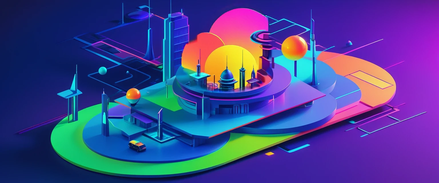 a Color illustrations of a futuristic city with a tower and a clock, Futuristic colorful shadows, Colorful graphic surreal design, Cinema 4d colorful rendering, Stylized 3D square graphics, 3D geometric square neon shape, Colorful graphic surreal design, Abstract scene design, 3d matte illustration, Vibrant composition and color, Colorful and detailed projection, Abstract neon shapes, Color illustrations