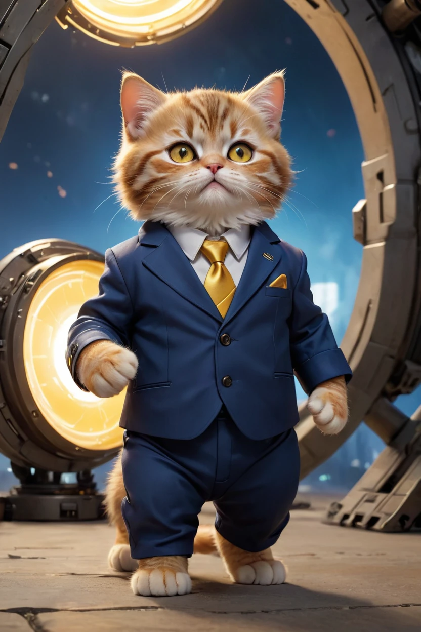 small, There are no humans in this world、The world of anthropomorphized cats、最初のprototypeのアイアンマンマーク１Wearing a suit、Iron Man Mark 1、prototype、The arc reactor emits blue light、desert、かわいいbornき物全身, Costumes,、 Fantasy art, Exquisite detail, An anthropomorphic, fat, furry tabby kitten with yellow eyes, Movie Scenes, Dramatic shot angles, , Realistic, born々Amazing cinematic photorealism, Action Portrait, 8K, detailed, Full Frame