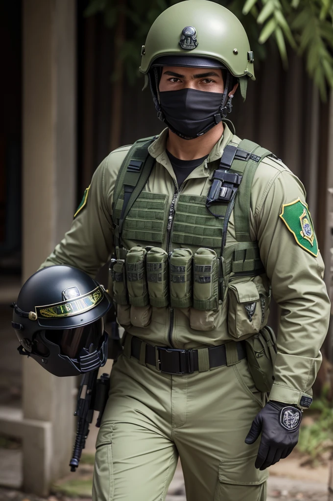 A sergeant from the Brazilian secret special forces,where uniform is green,with golden bands and skulls on the helmet