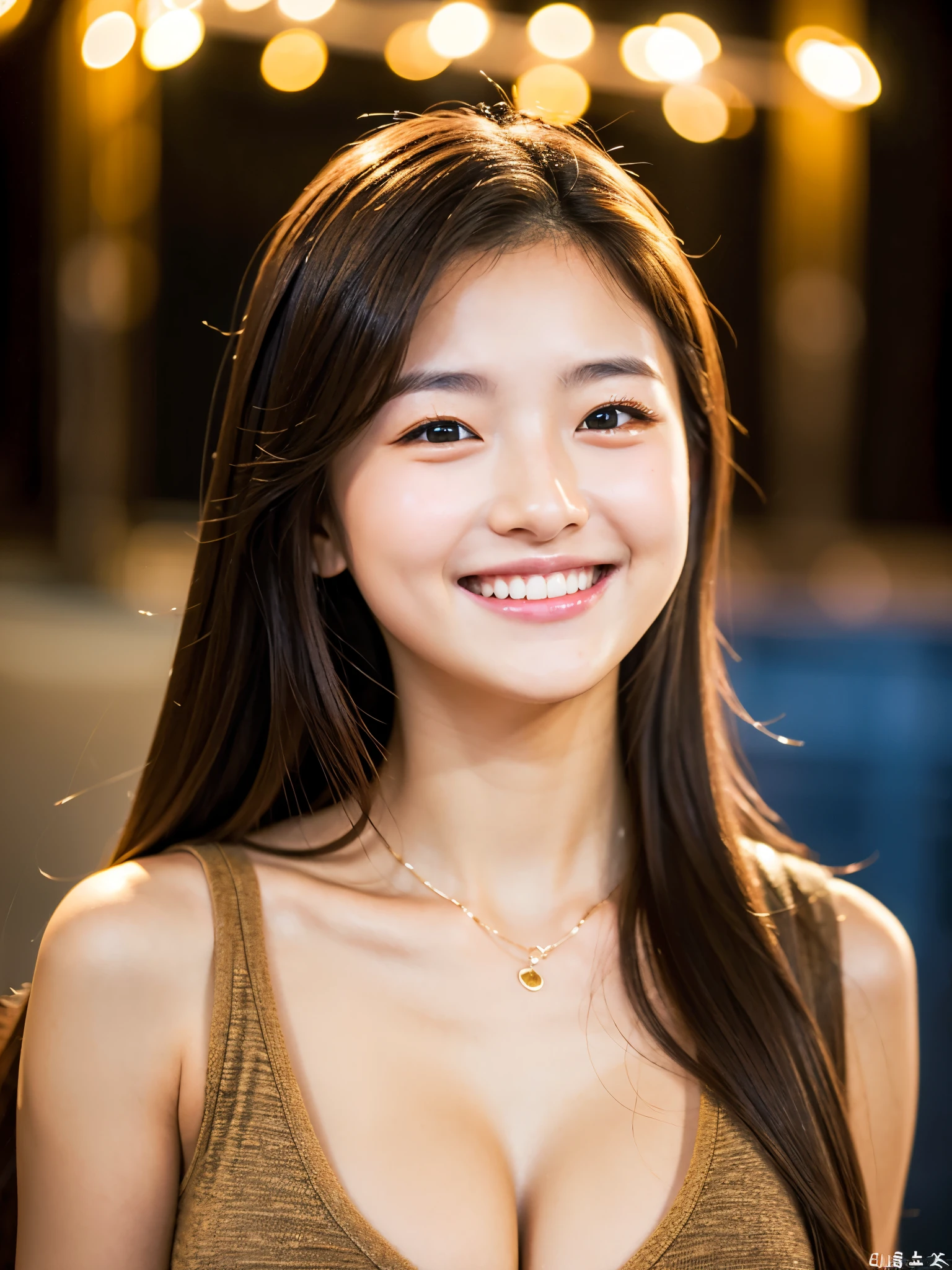 A very cute face like a 15-year-old idol Smiling Kindly ((whole body)) Medium Bust Cleavage Stylish evening wine bar Cinema lighting Natural light Artistic RAW Photos Genuine High quality that is indistinguishable from real life Real Stick High resolution