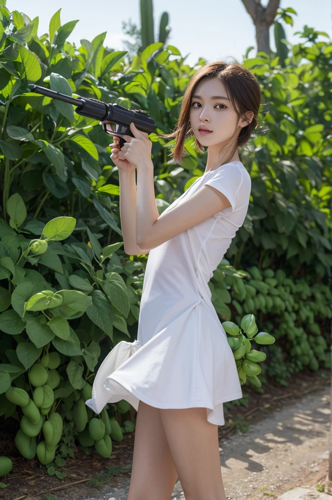 best quality, masterpiece, Ultra-high resolution,broad bean,Can carry the entire seed coat,Plants vs. Zombies Pea Shooter,Combined with long-barreled gun