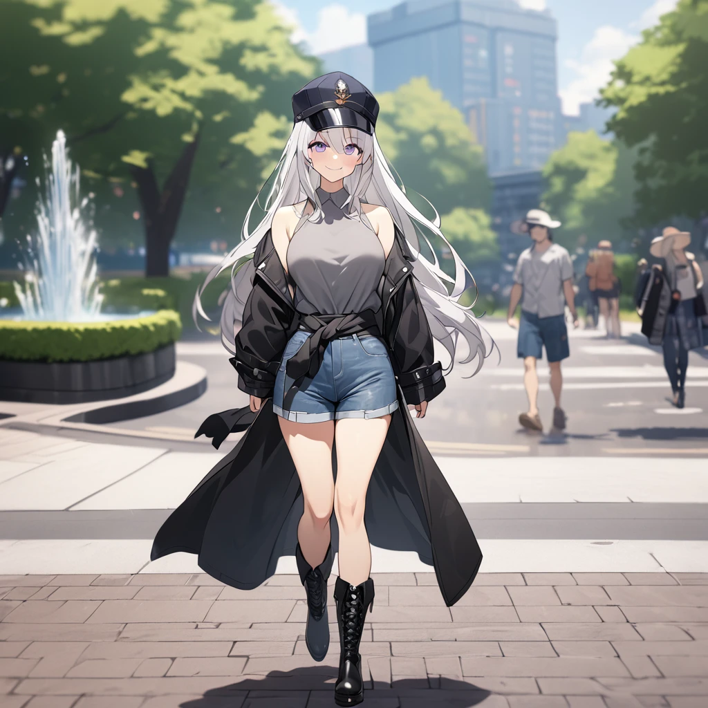 A woman wearing a casual gray shirt, sleeveless shirt, eagle symbol on the shirt, denim shorts, exposed thigh, leather boots, a jacket tied between the waist, navy blue cap, white hair, long hair, purple eyes, smiling, breasts large, walking on a sidewalk in a park, casual hat, with a decorative water fountain in the background, blurred background, daytime location. UHD , prime work , accurate , anatomically correct , textured skin , super details , high quality , best quality, 8k, high resolution, bokeh effect. (woman alone)
