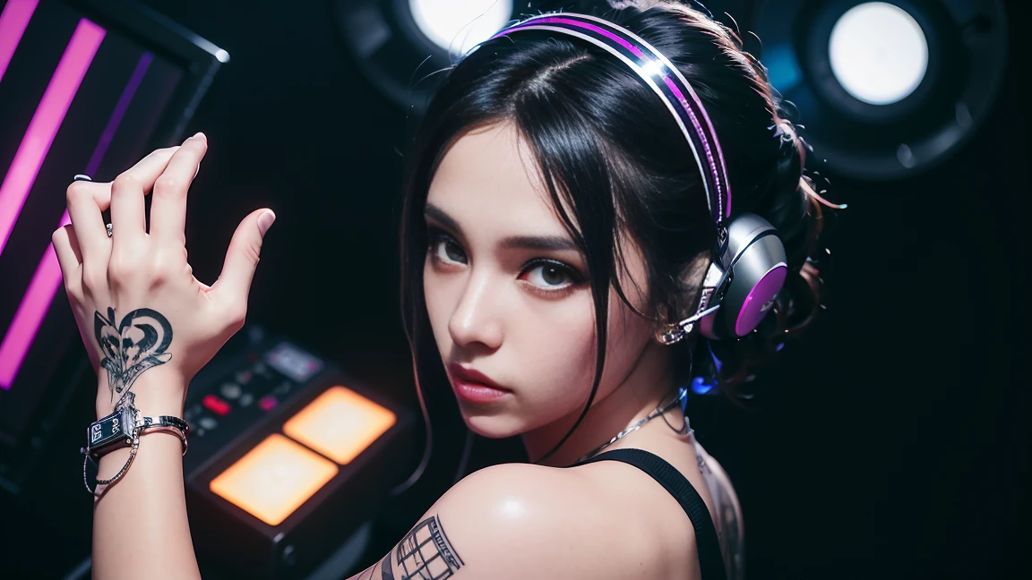 techno music, house music, dancing girls, DJ girl, headphone, realistic, high res, tank top, tattoos, piercing, brads, live music, class, Nightclub DJ, Dancing Inspired, Looking at Camera, Wide shooting, cinema lens, skin glowing,