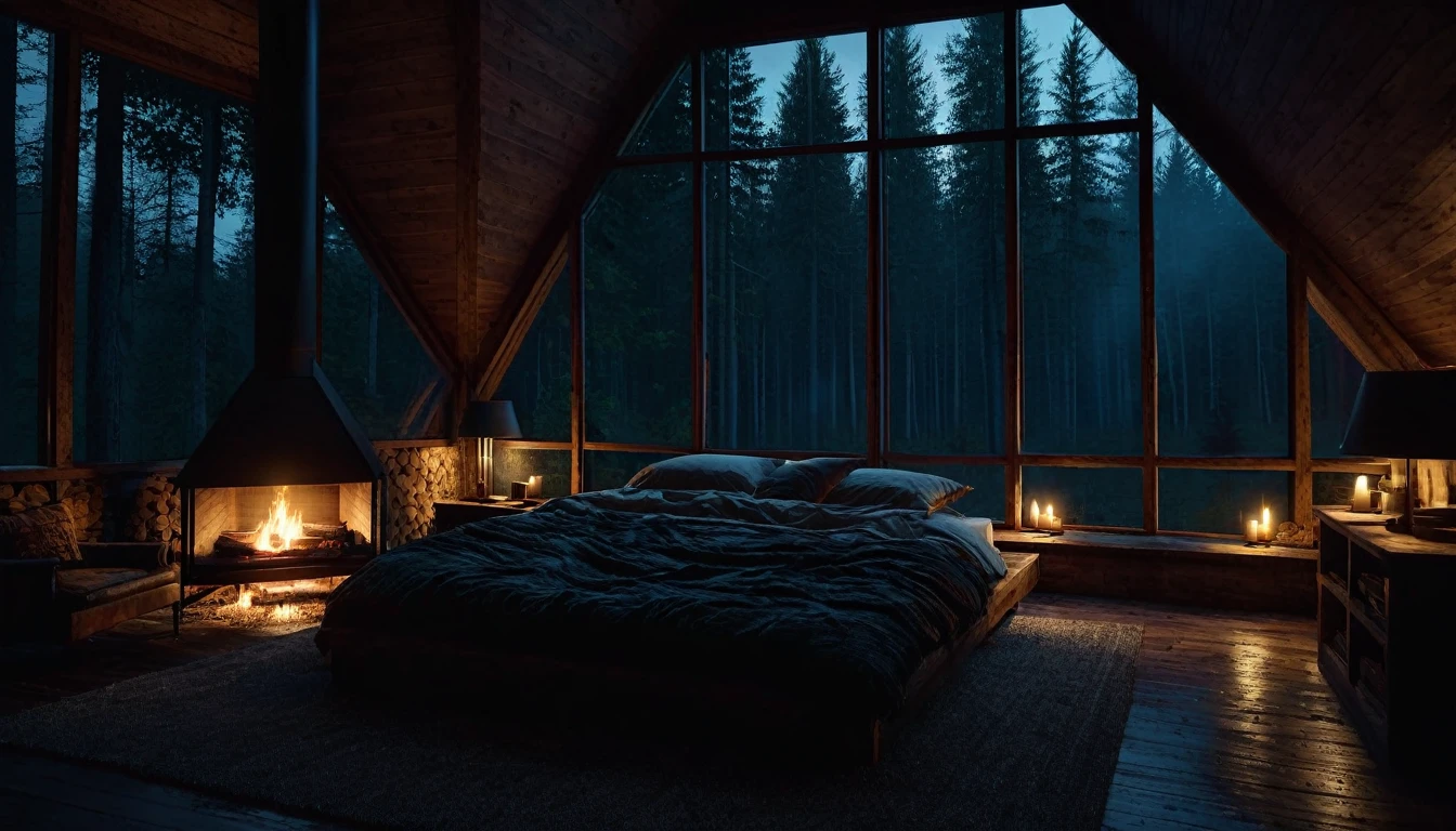 dimly lit bedroom with fireplace and wood burning bed, large windows to the forest at night, beautiful and cinematic lighting, cozy place, cryengine render 8 k, cabin in the forest, minimalist pyramid room shape, pyramid glass, very forest background dark, lots of column windows, dark, pillows and blankets, large windows, minimalist windows, lots of boxes, minimalist windows facing the forest, quiet night. the picture is original, rainy night. original rendering, stunning, rainy night, gloomy, dark gloomy cinematic lighting, atmosphere, landscape, vast forest, moody, dramatic lighting. cinematic, cinematic, atmospheric shots, gloomy weather. hyperrealistic, atmospheric rendering, rainy night, huge gloomy forest, cinematic,