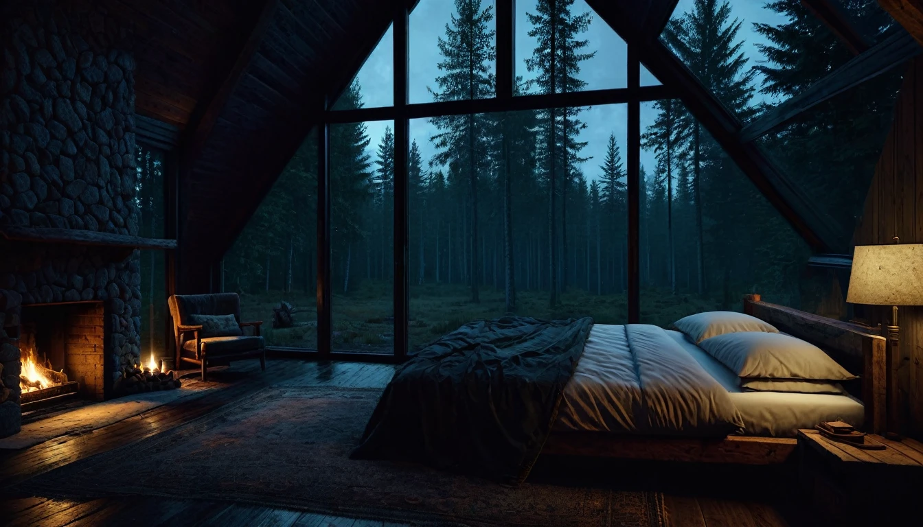 
dimly lit bedroom with fireplace and wood burning bed, large windows to the forest at night, beautiful and cinematic lighting, cozy place, cryengine render 8 k, cabin in the forest, minimalist pyramid room shape, pyramid glass, very forest background dark, lots of column windows, dark, pillows and blankets, large windows, minimalist windows, lots of boxes, minimalist windows facing the forest, quiet night. the picture is original, rainy night. original rendering, stunning, rainy night, gloomy, dark gloomy cinematic lighting, atmosphere, landscape, vast forest, moody, dramatic lighting. cinematic, cinematic, atmospheric shots, gloomy weather. hyperrealistic, atmospheric rendering, rainy night, huge gloomy forest, cinematic,