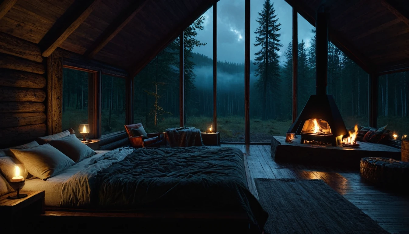 
dimly lit bedroom with fireplace and wood burning bed, large windows to the forest at night, beautiful and cinematic lighting, cozy place, cryengine render 8 k, cabin in the forest, minimalist pyramid room shape, pyramid glass, very forest background dark, lots of column windows, dark, pillows and blankets, large windows, minimalist windows, lots of boxes, minimalist windows facing the forest, quiet night. the picture is original, rainy night. original rendering, stunning, rainy night, gloomy, dark gloomy cinematic lighting, atmosphere, landscape, vast forest, moody, dramatic lighting. cinematic, cinematic, atmospheric shots, gloomy weather. hyperrealistic, atmospheric rendering, rainy night, huge gloomy forest, cinematic,
