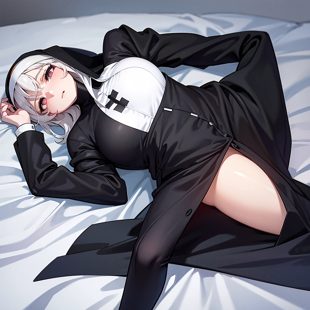  The Nun, black Nun clothes, big waist, solo, (homan body:1.2), on a bed