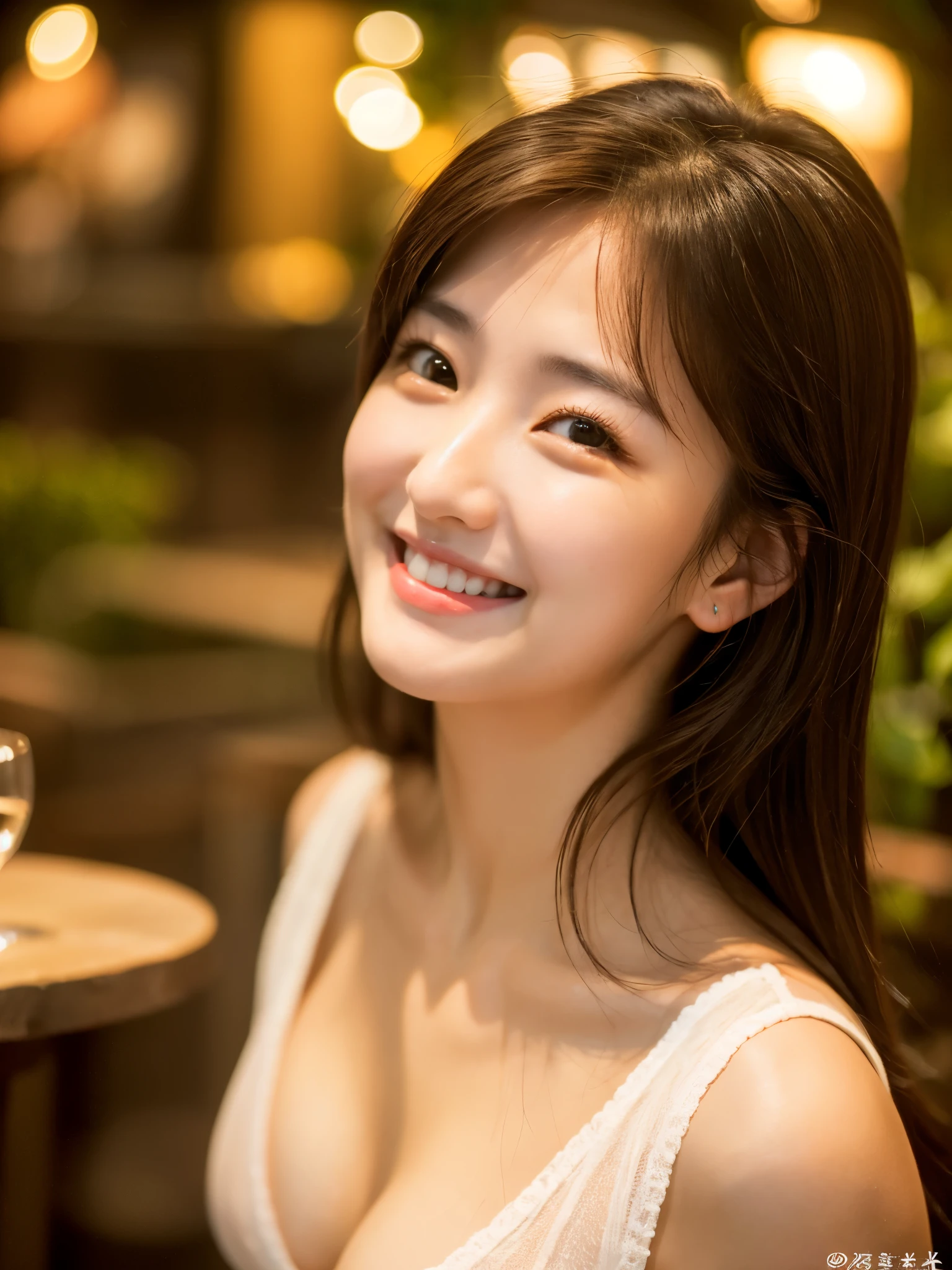 A very cute face like a 15-year-old idol Smiling Kindly ((whole body)) Medium Bust Cleavage Stylish evening wine bar Cinema lighting Natural light Artistic RAW Photos Genuine High quality that is indistinguishable from real life Real Stick High resolution