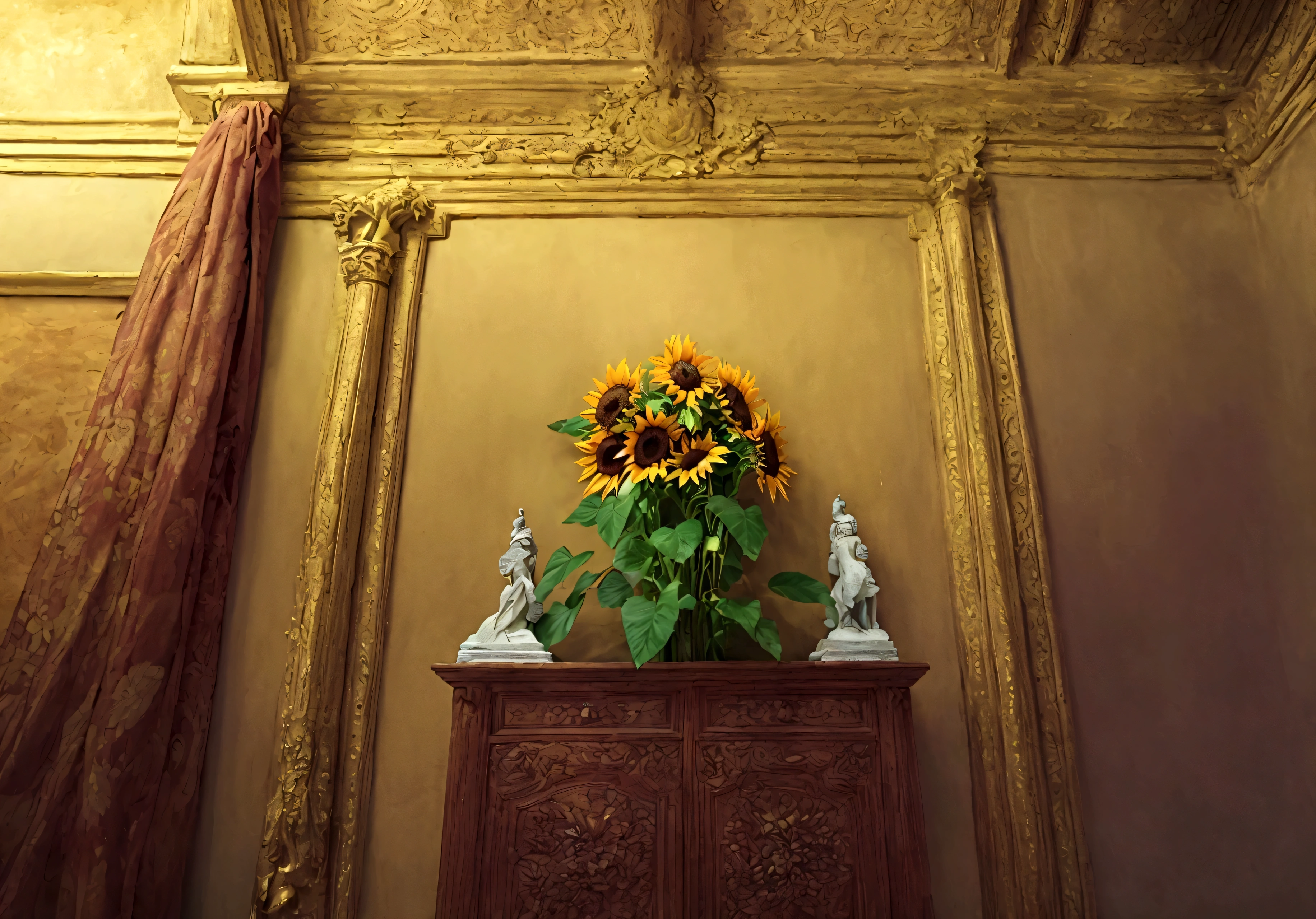 a detailed, photorealistic interior scene of a palace-style room with ornate wall decor, a cabinet, sunflowers, a frontal view, eye-level perspective, close-up angle capturing the entire front wall, cinematic lighting, ultra-high definition, high quality, extreme detail, high resolution