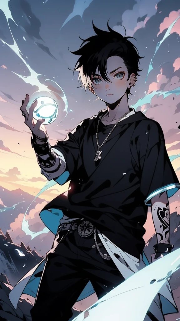 Tattos, A determined ager, ((holding a magical orb that emits a soft light)), standing on a windswept cliff overlooking a vast, cloudy expanse. Half-length shot, panoramic view, epic mood, abasterpiece)), ((best quality)), ultra detailed,((illustration)), dynamic angle, detailed light, (delicate eyes), (ahoge:0.8),apathy, ray,frontage,style of anime4 k, 4k anime wallpaper, badass anime 8 k, 4 k comic wallpaper