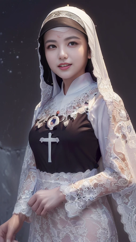 (Orgasm:2.0),(Ecstasy:1.5),(A Ultra cute young Japanese nun:2.0),(she wearing a decorated with lace nun costume and scart slim fit:2.0),(beautiful detailed dropped eyes:2.0),beautiful detailed lips, (extremely detailed cute and beautiful face:2.0), longeyelashes, (slender woman body:1.5), (beautiful short hair:2.0), (natural makeup,big smile:1.5), incredibly beautiful skin,(professional lighting, bright lighting, photorealistic, 8k, high resolution, best quality, masterpiece, ultra-detailed:1.75), vivid colors, (Moonlit Night:1.5),(The moonlight shines on her face:1.2),(She is in the convent:1.2)