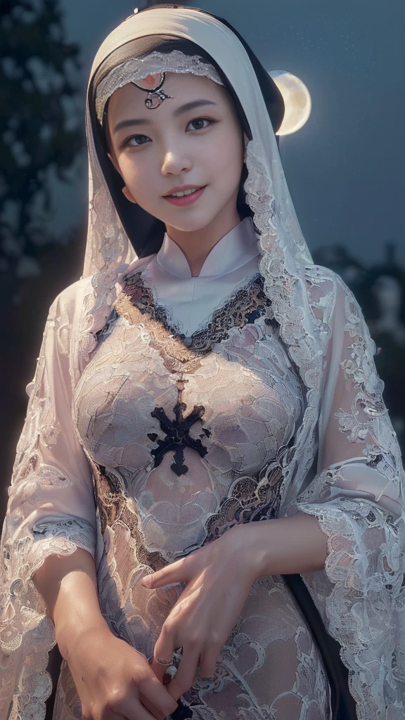 (:2.0),(:1.5),(A Ultra cute young Japanese nun:2.0),(she wearing a decorated with lace nun costume and scart slim fit:2.0),(beautiful detailed dropped eyes:2.0),beautiful detailed lips, (extremely detailed cute and beautiful face:2.0), longeyelashes, (slender woman body:1.5), (beautiful short hair:2.0), (natural makeup,big smile:1.5), incredibly beautiful skin,(professional lighting, bright lighting, photorealistic, 8k, high resolution, best quality, masterpiece, ultra-detailed:1.75), vivid colors, (Moonlit Night:1.5),(The moonlight shines on her face:1.2),(She is in the convent:1.2)