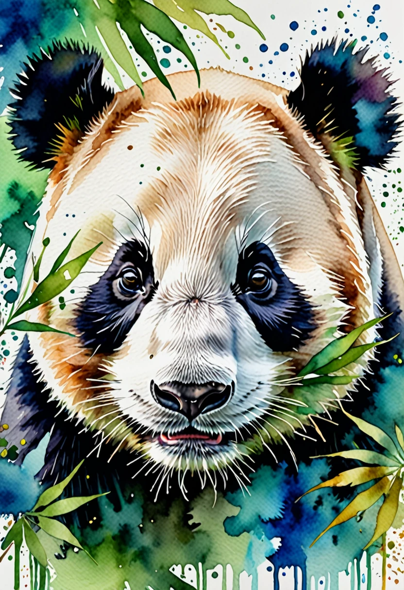 Animals painted in watercolor with bright and expressive colors, a panda in green and blue tones, with a diffuse watercolor background. The panda is painted with soft, flowing details, capturing his calm and adorable essence. Green and blue tones blend harmoniously in their fur, creating a fresh and calming palette. The diffuse watercolor background complements the panda, with soft pops of color that don't distract from the main figure. The panda's eyes, bright and expressive, stand out in contrast to the tones of its fur. This design combines the cuteness of pandas with the creativity and delicacy of the watercolor technique, resulting in a visually charming and serene image., Realism, Hyperrealism, UHD, masterpiece, accurate, anatomically correct, textured skin, super detail, award winning, 16k