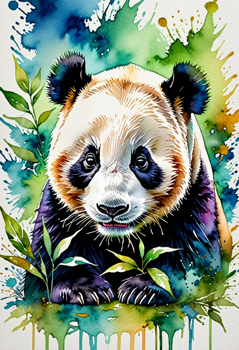 Animals painted in watercolor with bright and expressive colors, a panda in green and blue tones, with a diffuse watercolor background. The panda is painted with soft, flowing details, capturing his calm and adorable essence. Green and blue tones blend harmoniously in their fur, creating a fresh and calming palette. The diffuse watercolor background complements the panda, with soft pops of color that don't distract from the main figure. The panda's eyes, bright and expressive, stand out in contrast to the tones of its fur. This design combines the cuteness of pandas with the creativity and delicacy of the watercolor technique, resulting in a visually charming and serene image., Realism, Hyperrealism, UHD, masterpiece, accurate, anatomically correct, textured skin, super detail, award winning, 16k
