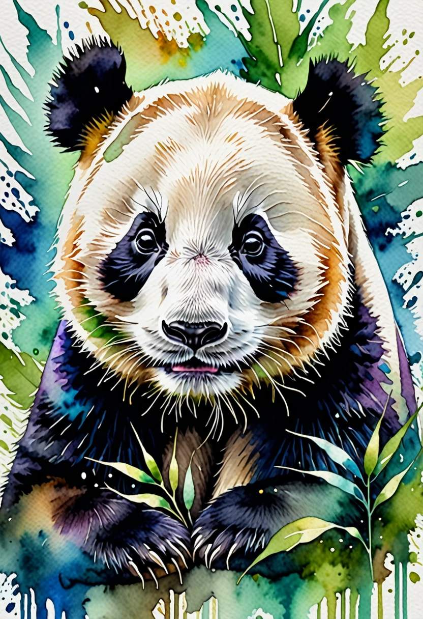 Animals painted in watercolor with bright and expressive colors, a panda in green and blue tones, with a diffuse watercolor background. The panda is painted with soft, flowing details, capturing his calm and adorable essence. Green and blue tones blend harmoniously in their fur, creating a fresh and calming palette. The diffuse watercolor background complements the panda, with soft pops of color that don't distract from the main figure. The panda's eyes, bright and expressive, stand out in contrast to the tones of its fur. This design combines the cuteness of pandas with the creativity and delicacy of the watercolor technique, resulting in a visually charming and serene image., Realism, Hyperrealism, UHD, masterpiece, accurate, anatomically correct, textured skin, super detail, award winning, 16k
