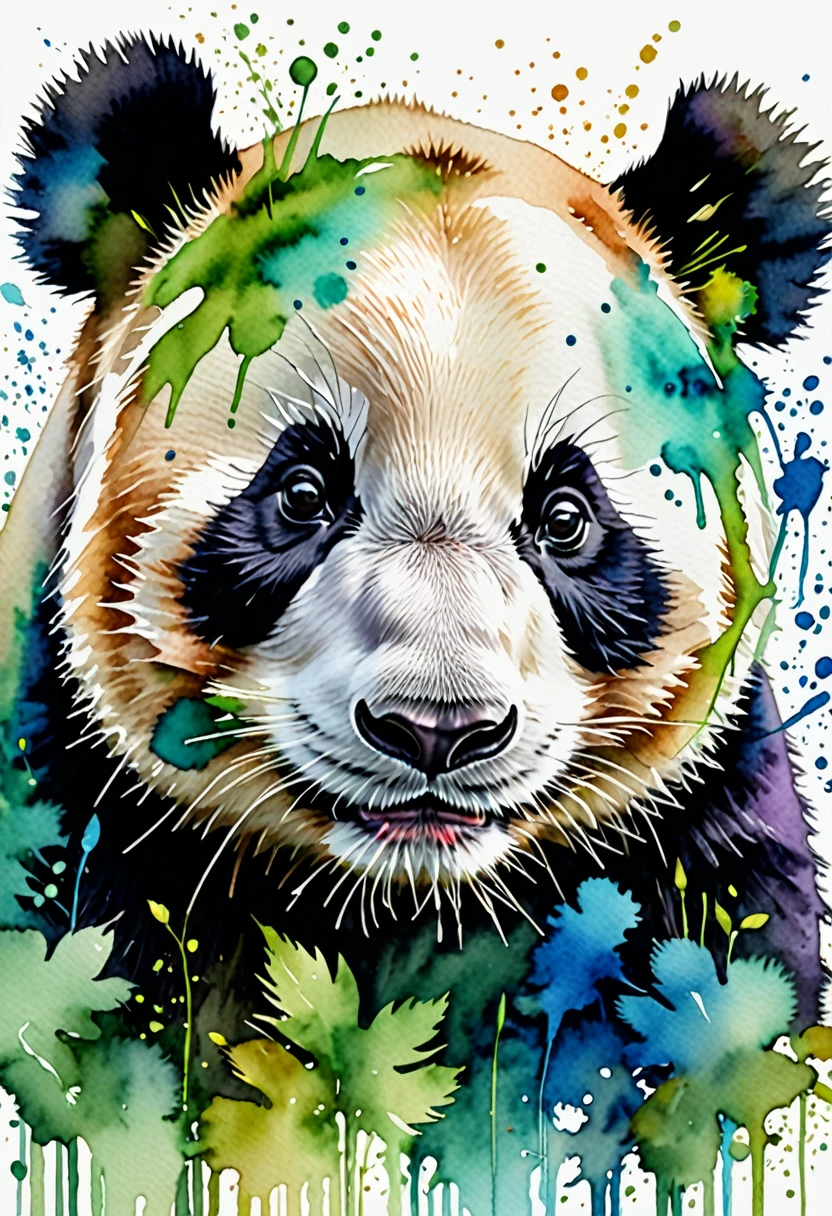 Animals painted in watercolor with bright and expressive colors, a panda in green and blue tones, with a diffuse watercolor background. The panda is painted with soft, flowing details, capturing his calm and adorable essence. Green and blue tones blend harmoniously in their fur, creating a fresh and calming palette. The diffuse watercolor background complements the panda, with soft pops of color that don't distract from the main figure. The panda's eyes, bright and expressive, stand out in contrast to the tones of its fur. This design combines the cuteness of pandas with the creativity and delicacy of the watercolor technique, resulting in a visually charming and serene image., Realism, Hyperrealism, UHD, masterpiece, accurate, anatomically correct, textured skin, super detail, award winning, 16k