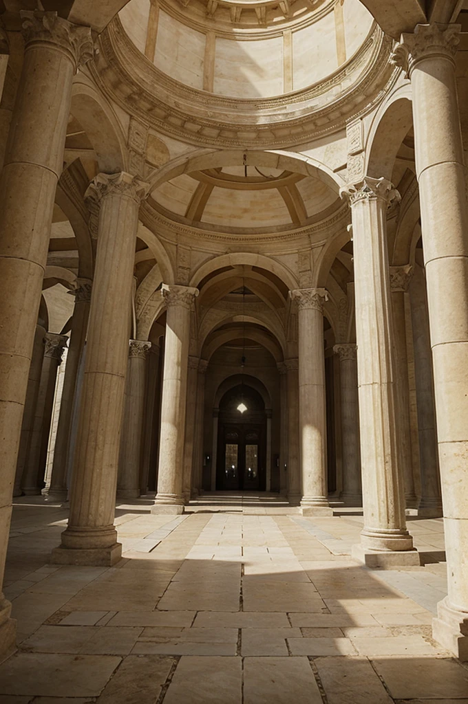 which is shaped like a dome and has pillars that are carried and surrounded by angels